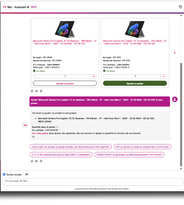 NIA AI chat interface displaying personalized product recommendations over an e-commerce hardware listing.