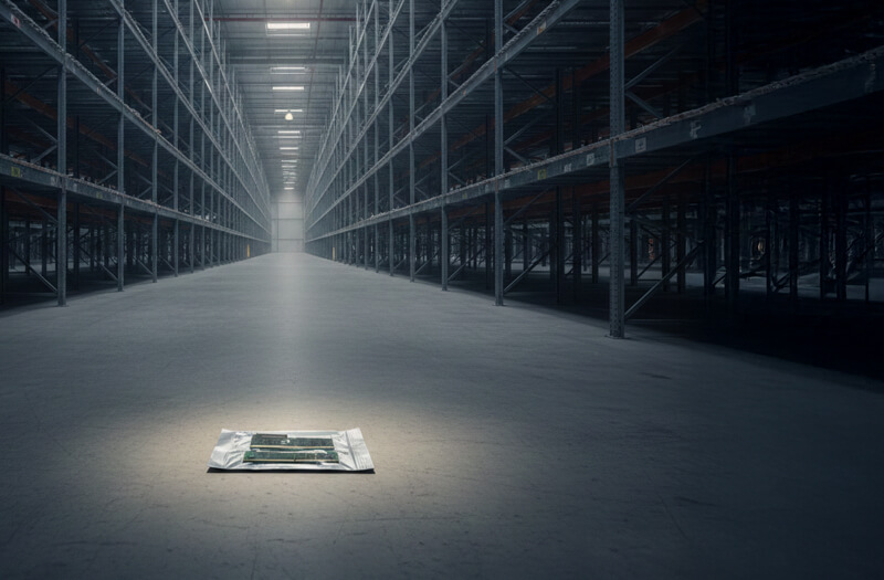 Single RAM module rests on a vast, dim warehouse floor surrounded by empty shelving and soft industrial shadows.