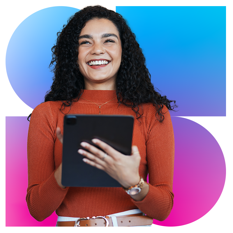 Joyful business woman using tablet Confident businesswoman smiles and looks upward while holding a tablet, expressing optimism and focus in a professional setting.