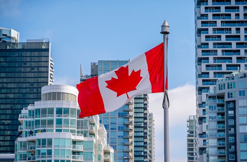buildings and Canadian flag