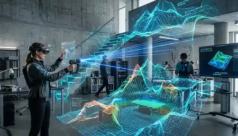 Girl using VR for spatial mapping.
