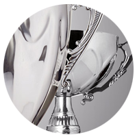 close-up of trophies