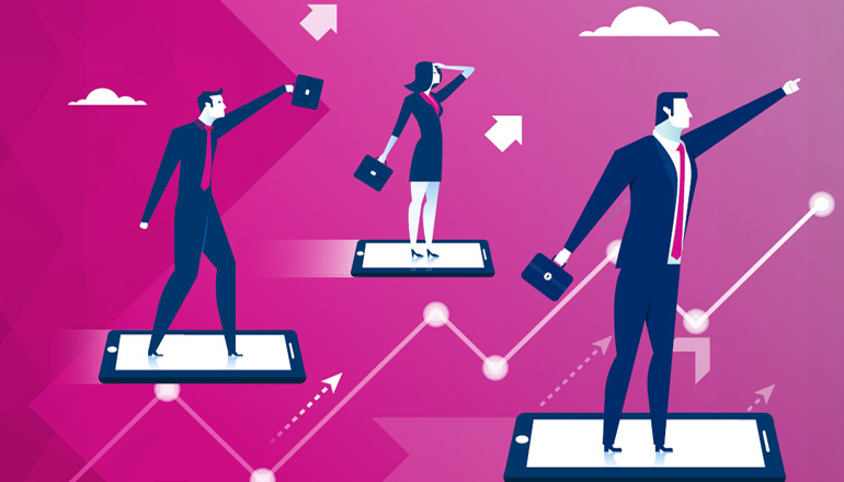Illustration of business professionals riding tablet computers in the air