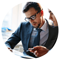 Business man in glasses share report on tablet device