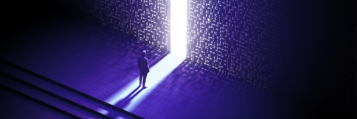 Business professional steps into a digital world of technology, symbolizing innovation and digital transformation.