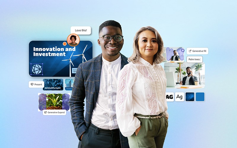 Advance with generative AI built for business male and female professionals standing in front on graphics