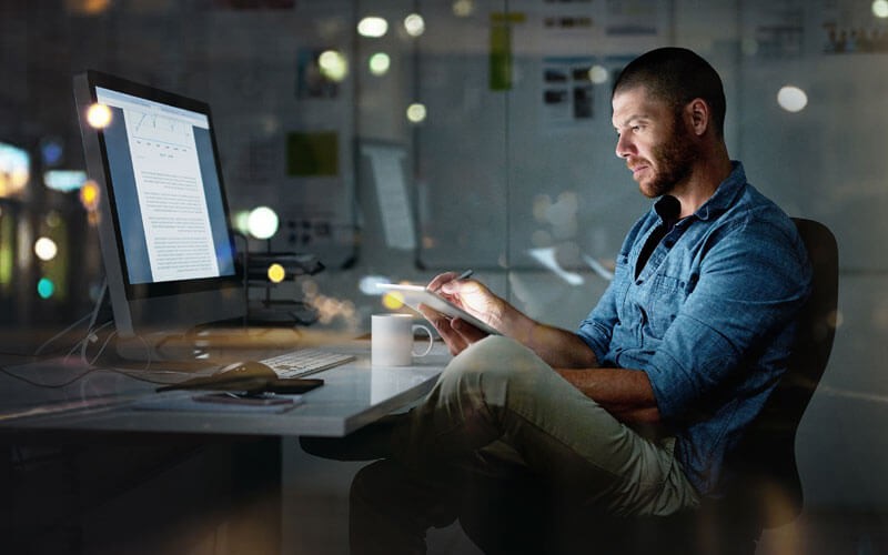 Man working at desk night