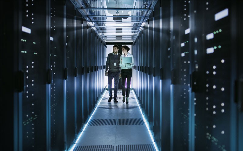 Users walking through data center