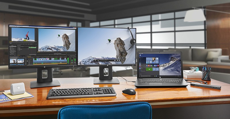 Monitor adjustability and connectivity in an energy-efficient design HP Dual Display set up with the Z24n Displays, the HP ZBook 17 Mobile Workstation, a wireless keyboard and mouse in a Media and Entertainment office