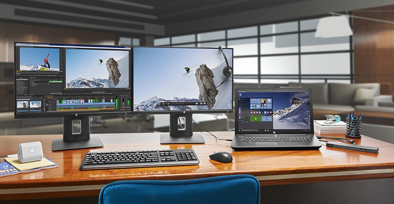 HP Dual Display set up with the Z24n Displays, the HP ZBook 17 Mobile Workstation, a wireless keyboard and mouse in a Media and Entertainment office