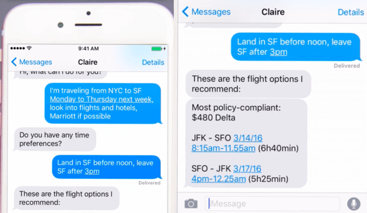 An example of an exchange with a travel bot named Claire