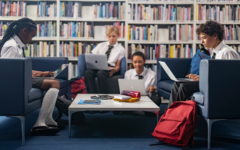 students in library