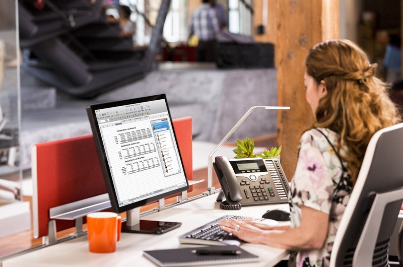 Business woman sitting at her desk  working on her computer.