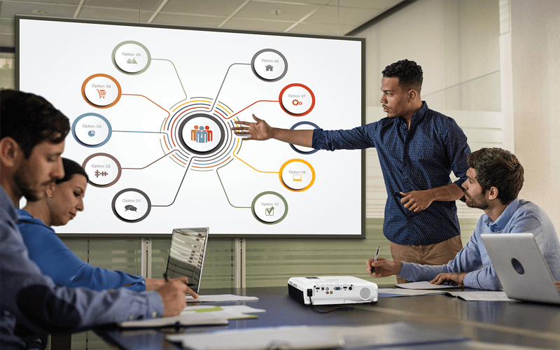 Group of teammates watching presentation with Epson Projector