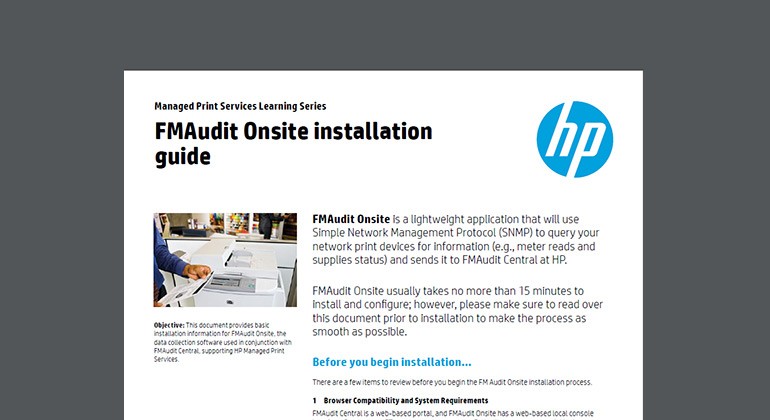 FMAudit Onsite installation guide from HP Cover of FMAudit Onsite installation guide