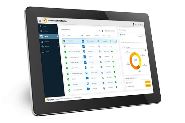 Dashboard view of Symantec information protection services