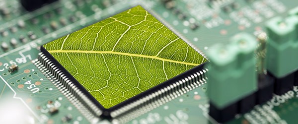 We’ll send salvageable items to recycling vendors Concept of computer motherboard with green leaf texture as the processor