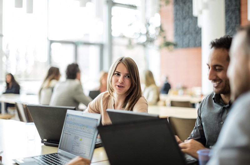 Smiling business teammates work at desks with computers